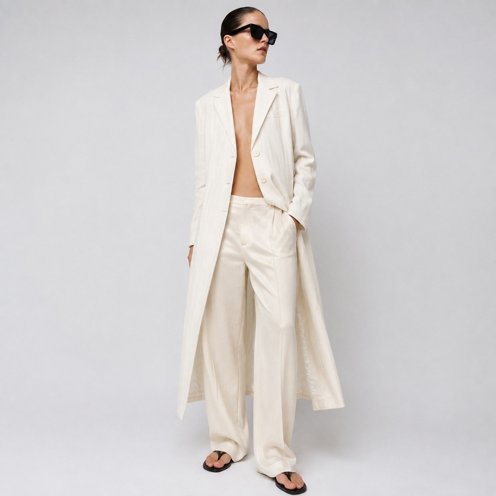 Zara Oyster White Linen Frock Coat L Duster Longline
